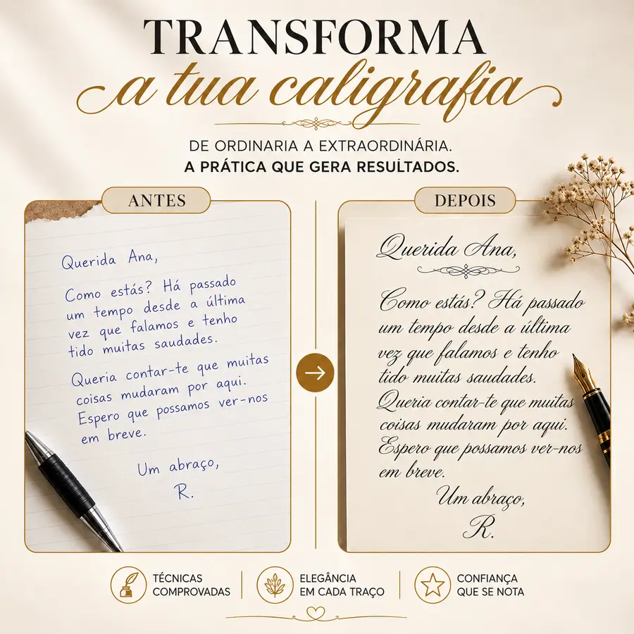 Antes e depois: a mesma carta escrita com letra comum e com caligrafia antiga